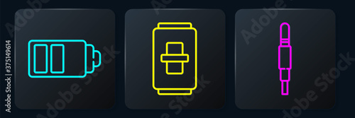 Set line Battery charge level indicator, Audio jack and Electric light switch. Black square button. Vector.