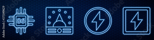 Set line Lightning bolt, Processor with microcircuits CPU, Ampere meter, multimeter, voltmeter and Lightning bolt. Glowing neon icon on brick wall. Vector.