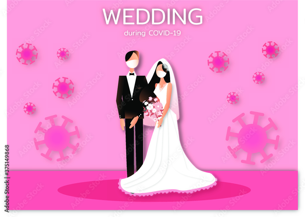 Wedding during Covid-19.The groom and the bride wear masks to prevent epidemic COVID-19,on pink background.vector illustration.	
