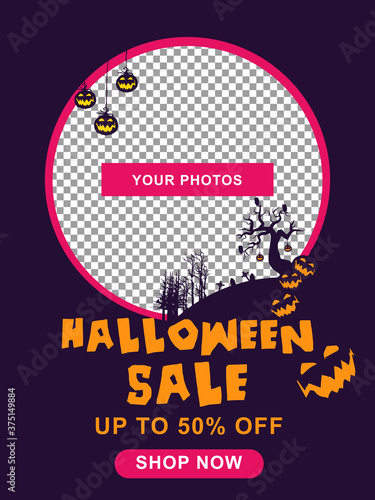 Halloween sale banner. Halloween  background with tombstone  pumpkin  haunted house and full moon. Flyer or invitation template for Halloween party. silhouette Vector illustration.