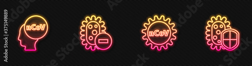 Set line Corona virus 2019-nCoV, , Negative and Shield protecting from. Glowing neon icon. Vector.