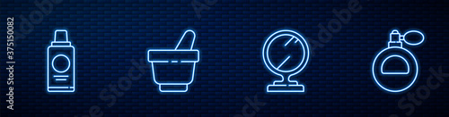 Set line Round makeup mirror, Bottle of shampoo, Mortar and pestle and Perfume. Glowing neon icon on brick wall. Vector.