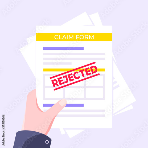 Hand holds rejected claim or credit loan form on it, paper sheets and rejected stamp flat style design vector illustration. Concept of denying document, cv resume, insurance application form.