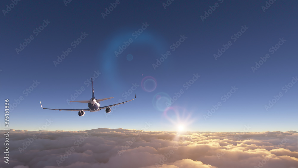 Fototapeta 3D ilustracja samolotu lecącego nad chmurami na tle słońca