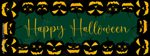 HALLOWEEN background banner wide panoramic panorama template -Frame made of Silhouette of scary carved luminous cartoon pumpkins isolated on dark green texture