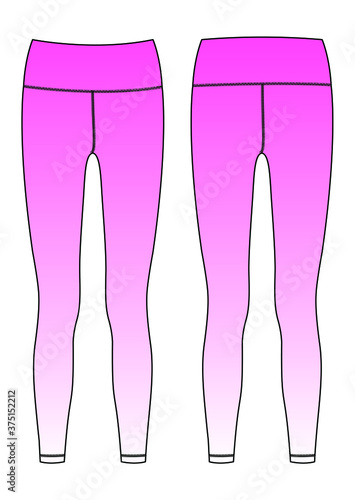 High rise waistband stretch leggings. Activewear fashion design. Flat sketches technical drawings Illustrator vector template.