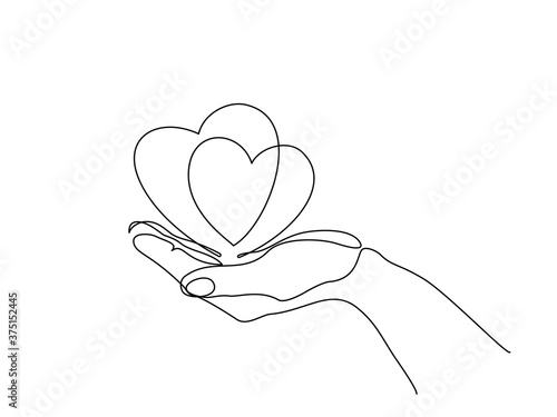 Hand holding heart sign. Continuous one line art
