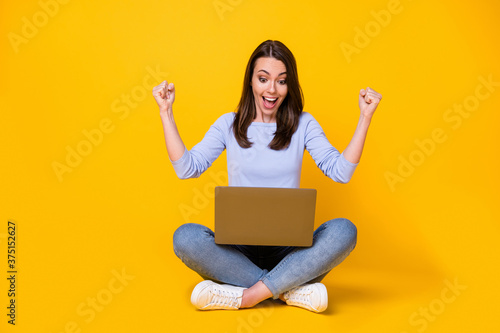Full length photo of ecstatic girl sit floor legs crossed work remote laptop celebrate networking aim win raise fists scream wear purple violet sweater isolated bright shine color background © deagreez