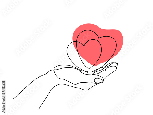 Hand holding heart sign. Continuous one line art