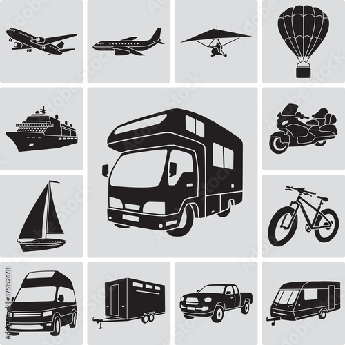 Transport for travel and recreation. Set of vector illustrations.
