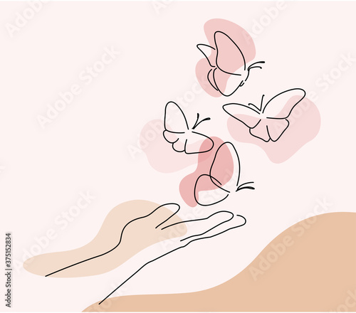 Hand with butterfly on finger. Line art drawing