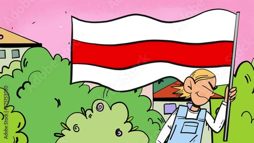 Protest girl with national belarusian flag cartoon animation photo