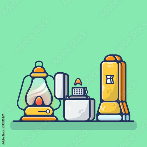 Flashlight, Matches, And Lantern Vector Illustration. Set Led, Lighter, Glass, Bulb  Flat Cartoon Style Suitable for Sticker, Wallpaper, Icon, etc.