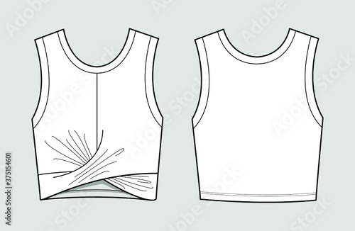Isolated cropped knotted jersey tank top. Activewear fashion design. Flat sketches technical drawings Illustrator vector template.