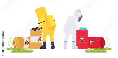 Man in hazmat disposable coverall in biohazard waste accident. Workers in level A, C suit, chemical resistant gloves, hooded apparel, breathing apparatus. Vector flat style cartoon illustration
