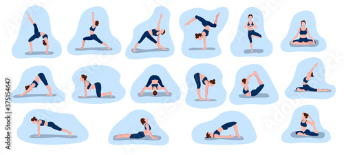 Set of vector illustrations depicting a sporty young woman doing yoga and fitness exercises. Healthy lifestyle concept. A collection of female characters demonstrating various yoga poses against a