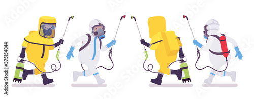 Man in hazmat clothing and disposable coverall running with sprayer. Workers in level A, C suit, chemical resistant gloves, hooded apparel, breathing apparatus. Vector flat style cartoon illustration