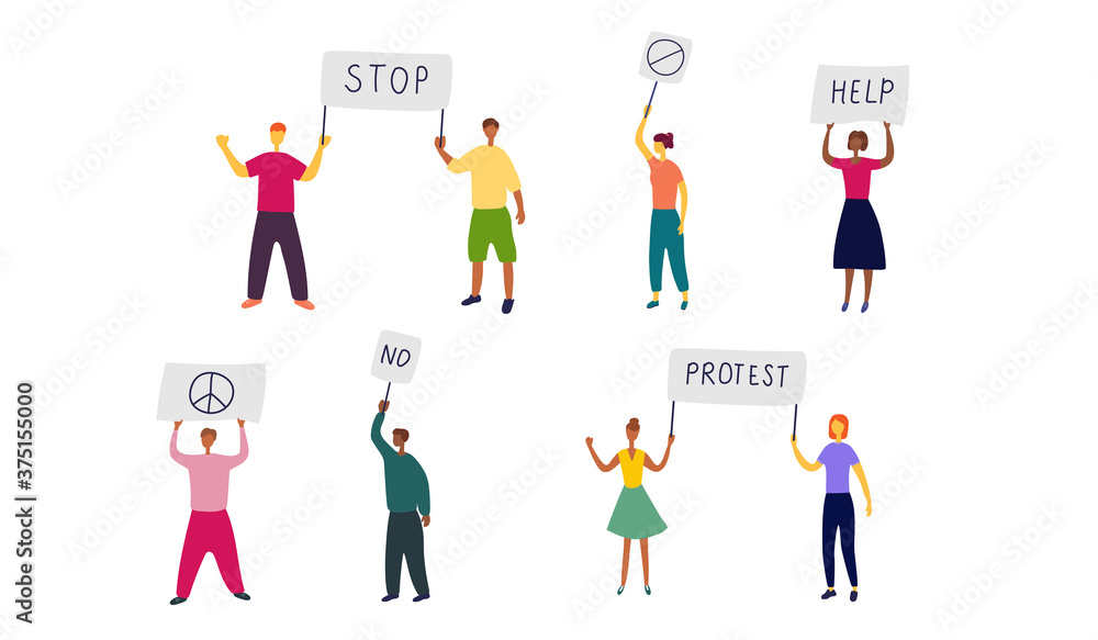 Striking people with placards in their hands. Group of people of different sex and race came out to meeting. Protest movement, march of dissent. Flat vector illustration Striking people with placards in their hands. Group of people of different sex and race came out to meeting. Protest movement, march of dissent. Flat vector illustration