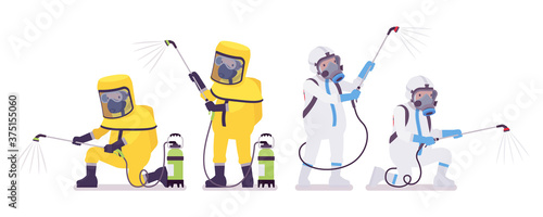 Man in hazmat clothing, disposable coverall with manual pump sprayer. Workers in level A, C suit, chemical resistant gloves, hooded apparel, breathing apparatus. Vector flat style cartoon illustration