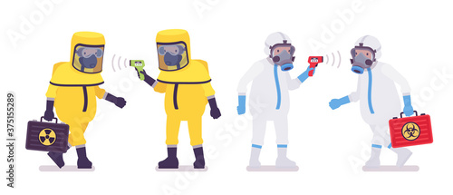 Man in hazmat clothing, disposable coverall with thermometer, box. Workers in level A, C suit, chemical resistant gloves, hooded apparel, breathing apparatus. Vector flat style cartoon illustration