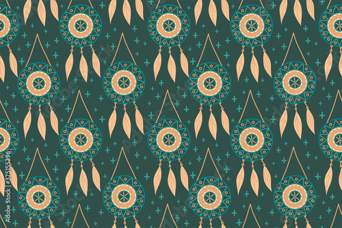 Seamless pattern with magic dream catchers with beads, feathers on a dark background. Vector illustration, retro pattern, ethnic doodle collection, tribal design. Design for cards, fabrics, clothes.