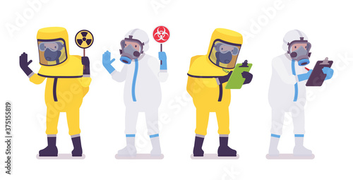 Man in hazmat disposable coverall with radiation sign writing. Workers in level A, C suit, chemical resistant gloves, hooded apparel, breathing apparatus. Vector flat style cartoon illustration