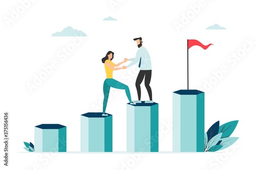 Flat young woman and man helping and growing together. Concept businessman and businesswoman characters relationship, extending a helping hand to colleague. Vector illustration.