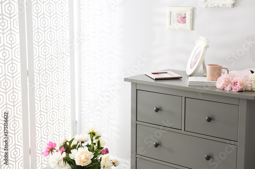 Grey chest of drawers in stylish room interior. Space for text