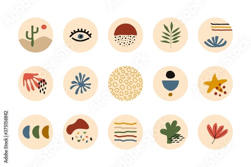 Boho highlight covers. Abstract stories contemporary style, social media story round icons, modern midcentury art. Vector illustration
