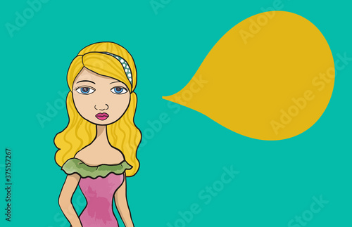 Modern blonde hair lady on blue green background, fashionista concept with copy space. 