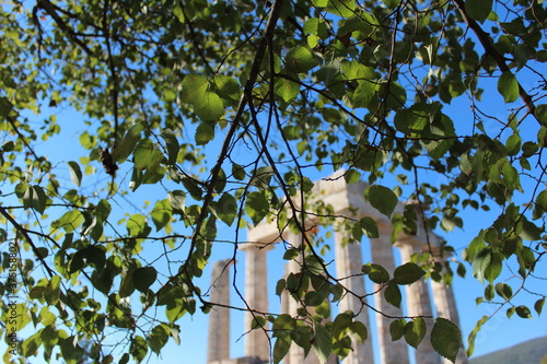 Ancient temple in background behind tree leaves