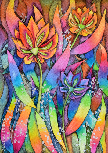 Fototapeta Naklejka Na Ścianę i Meble -  Exotic watercolor illustration jungle rainbow leaves with flowers