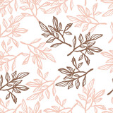Seamless random pattern with dark and lilac outline branch ornament. Contoured botanic print isolated on white background.