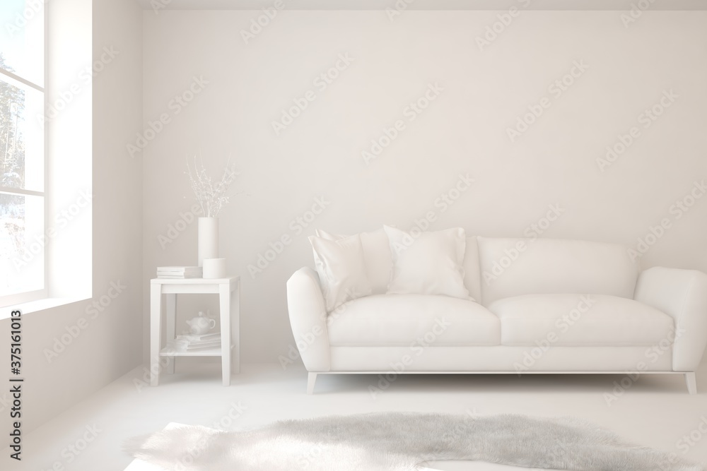 Fototapeta premium Stylish minimalist room with sofa in white color. Scandinavian interior design. 3D illustration