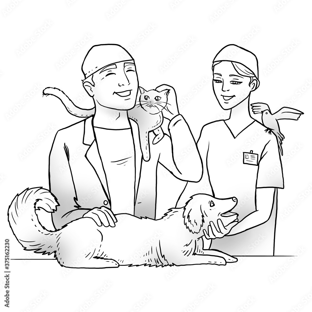 Isolated Veterinarian doctor and nurse with dog, cat and bird in a vet clinic. Pet shop poster Cartoon Illustration. Isolated Veterinarian doctor and nurse with dog, cat and bird in a vet clinic. Pet shop poster Cartoon Illustration.