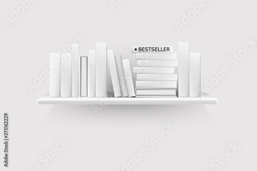 Bestseller mockup with cover stand on shelf in library or store.Realistic book volumes with empty spines stand in row at rack hang on wall. 