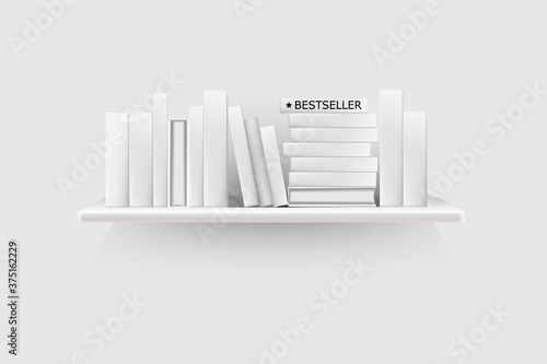 Bestseller mockup with cover stand on shelf in library or store.Realistic book volumes with empty spines stand in row at rack hang on wall.
