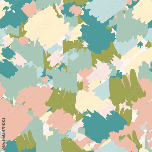 Abstract spots seamless pattern. Stylized creative shapes in pink, blue and green pastel tones. Scribble backdrop.