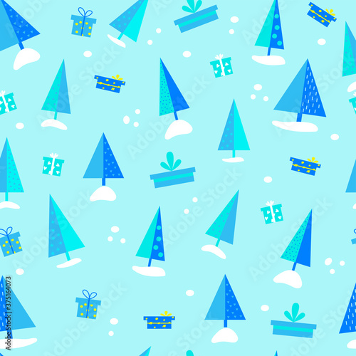 Seamless vector pattern with Christmas trees. Can be used for card, wallpaper, pattern fills, scrapbook, surface textures, gifts, textile fabric. Blue color. Vector illustration