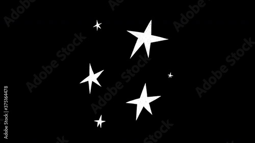 Three large and three small five-canted stars blinking on transparent background. Animated hand drawn night sky. Motion graphic with pulsing starry elements alpha channel. Breathing sketched heaven