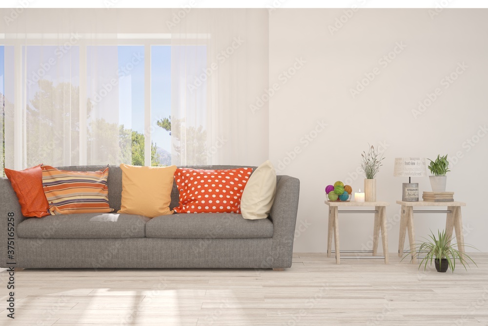 Fototapeta premium White stylish minimalist room with sofa. Scandinavian interior design. 3D illustration