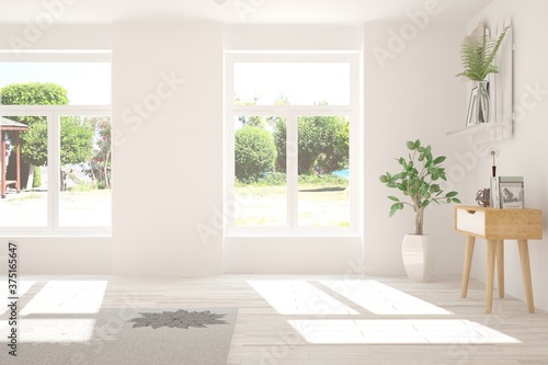 Fototapeta Naklejka Na Ścianę i Meble -  White stylish empty room with summer landscape in window. Scandinavian interior design. 3D illustration