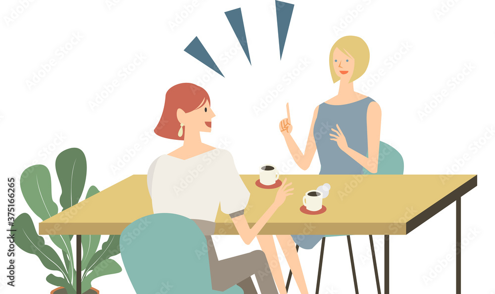 カフェで外国人の女性の英会話をしている女性のベクターイラスト