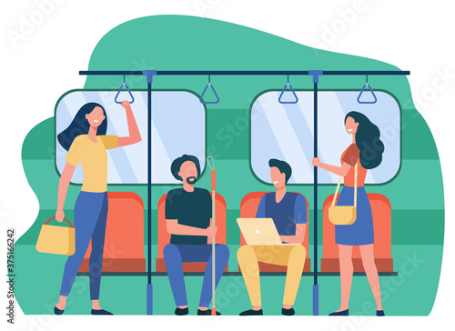 People traveling by subway or underground flat vector illustration. Cartoon sitting and standing in train of city metro. Public transport and trip concept