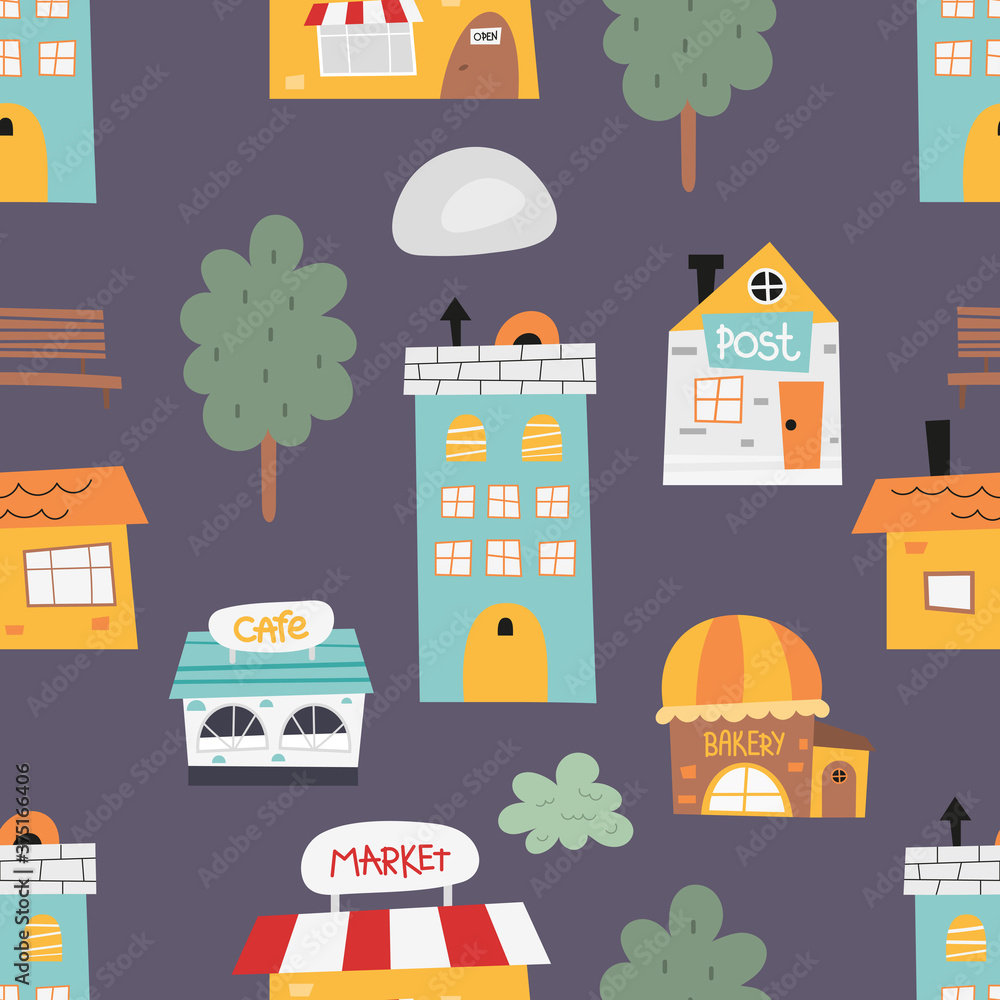 Cute seamless pattern for children’s room design and kids goods. Scandinavian style. Cityscape – houses, shops, cafe, trees on blue background. Vector illustration. Pattern is cut, no clipping mask.
