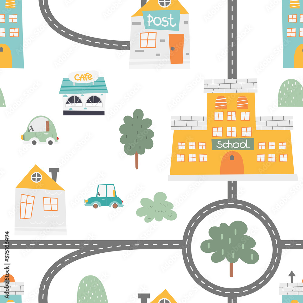 Cute seamless pattern for nursery design and kids goods. Scandinavian style. Nordic little town - street, houses, trees and cars. Vector illustration. Pattern is cut, no clipping mask.