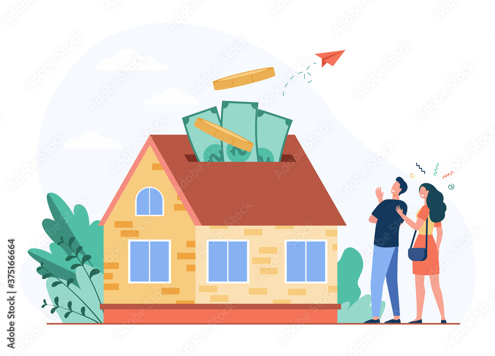 Happy couple investing money in property flat vector illustration. Cartoon characters taking bank credit and buying house. Mortgage loan and ownership concept Happy couple investing money in property flat vector illustration. Cartoon characters taking bank credit and buying house. Mortgage loan and ownership concept