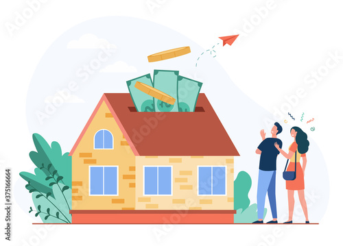 Happy couple investing money in property flat vector illustration. Cartoon characters taking bank credit and buying house. Mortgage loan and ownership concept