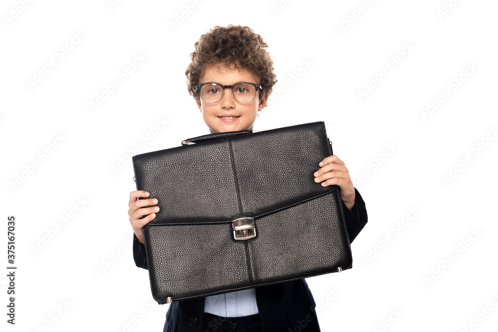 curly boy in suit and glasses holding briefcase isolated on white curly boy in suit and glasses holding briefcase isolated on white