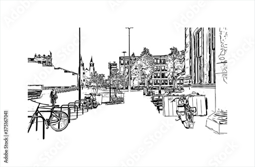 Building view with landmark of Arnhem is a city and municipality situated in the eastern part of the Netherlands. Hand drawn sketch illustration in vector.